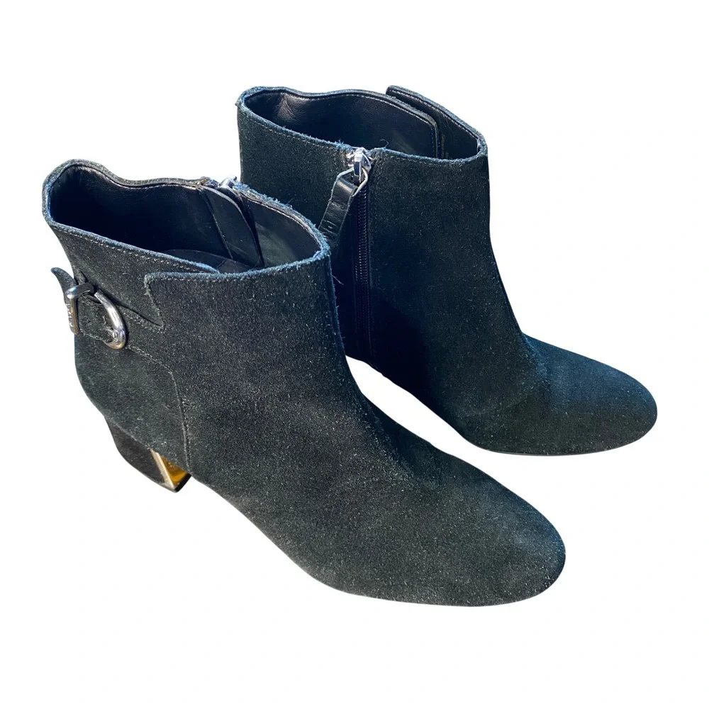 DKNY Womens Black Suede Ankle Boots Gold Metallic Block Heel Buckle Size 9M